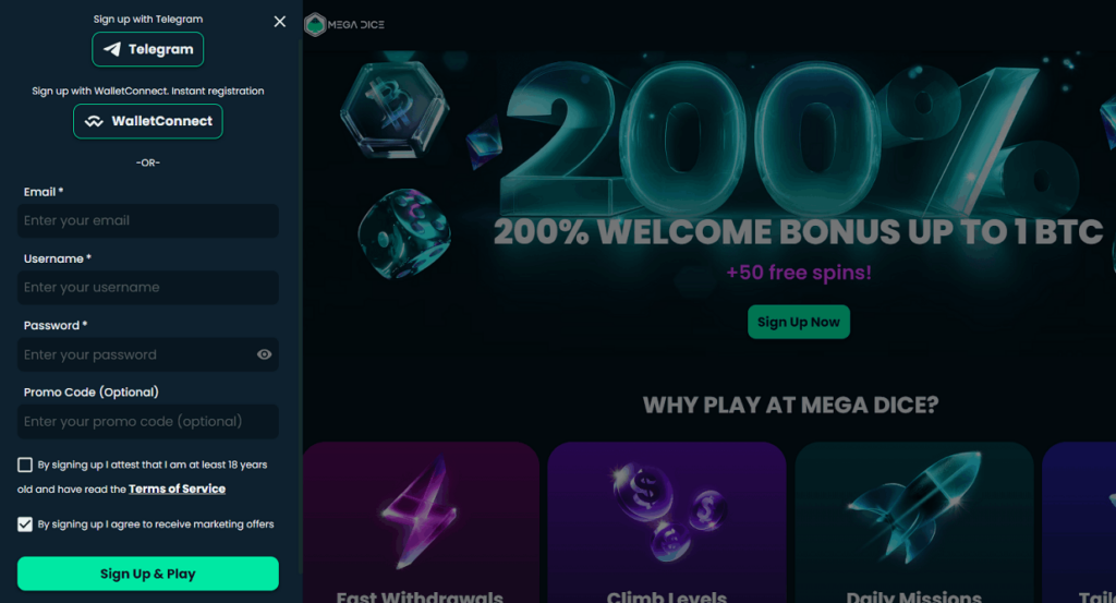 MegaDice crypto casino account