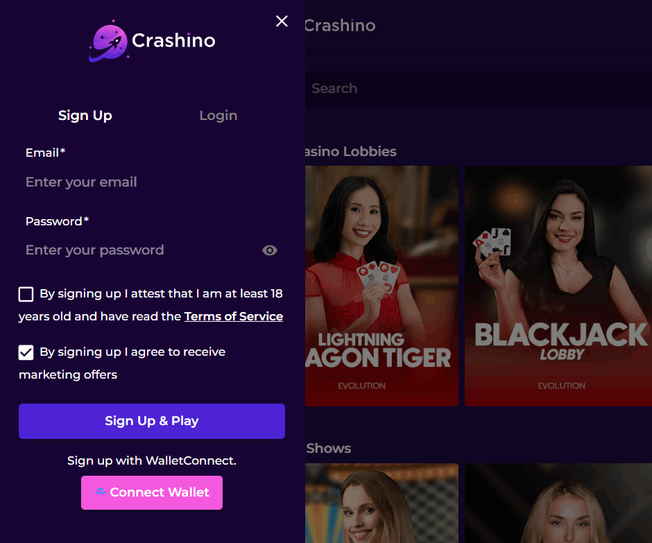 Crashino Crypto Casino Account