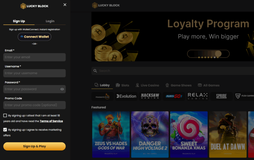 Lucky Block crypto casino account